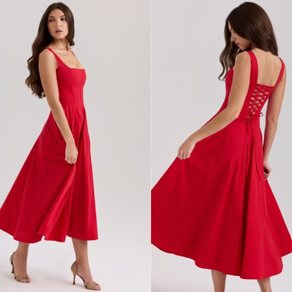 HOUSE OF CB 'Mariabella' Red Stretch Cotton Midi Sundress NWOT - Picture 1 of 3